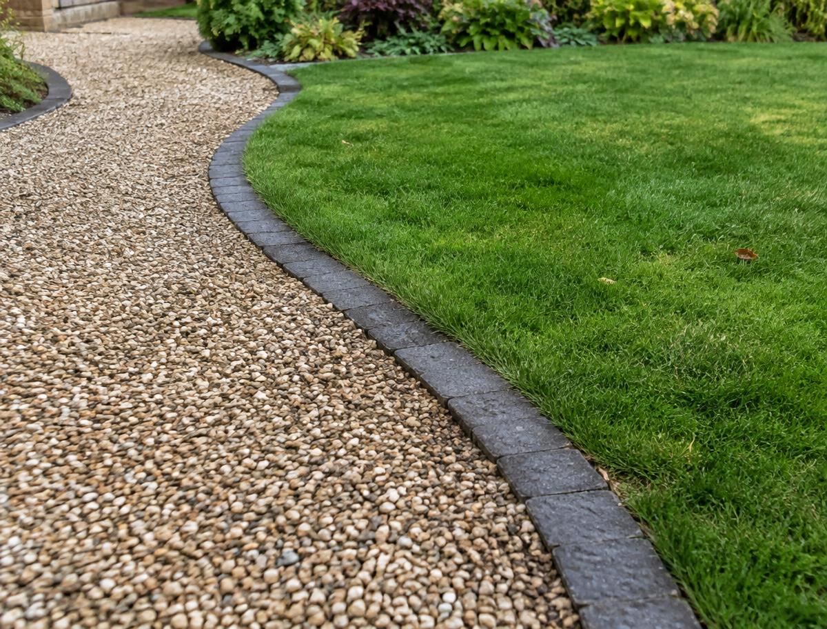 Gravel garden path with dark stone edging beside a lawn