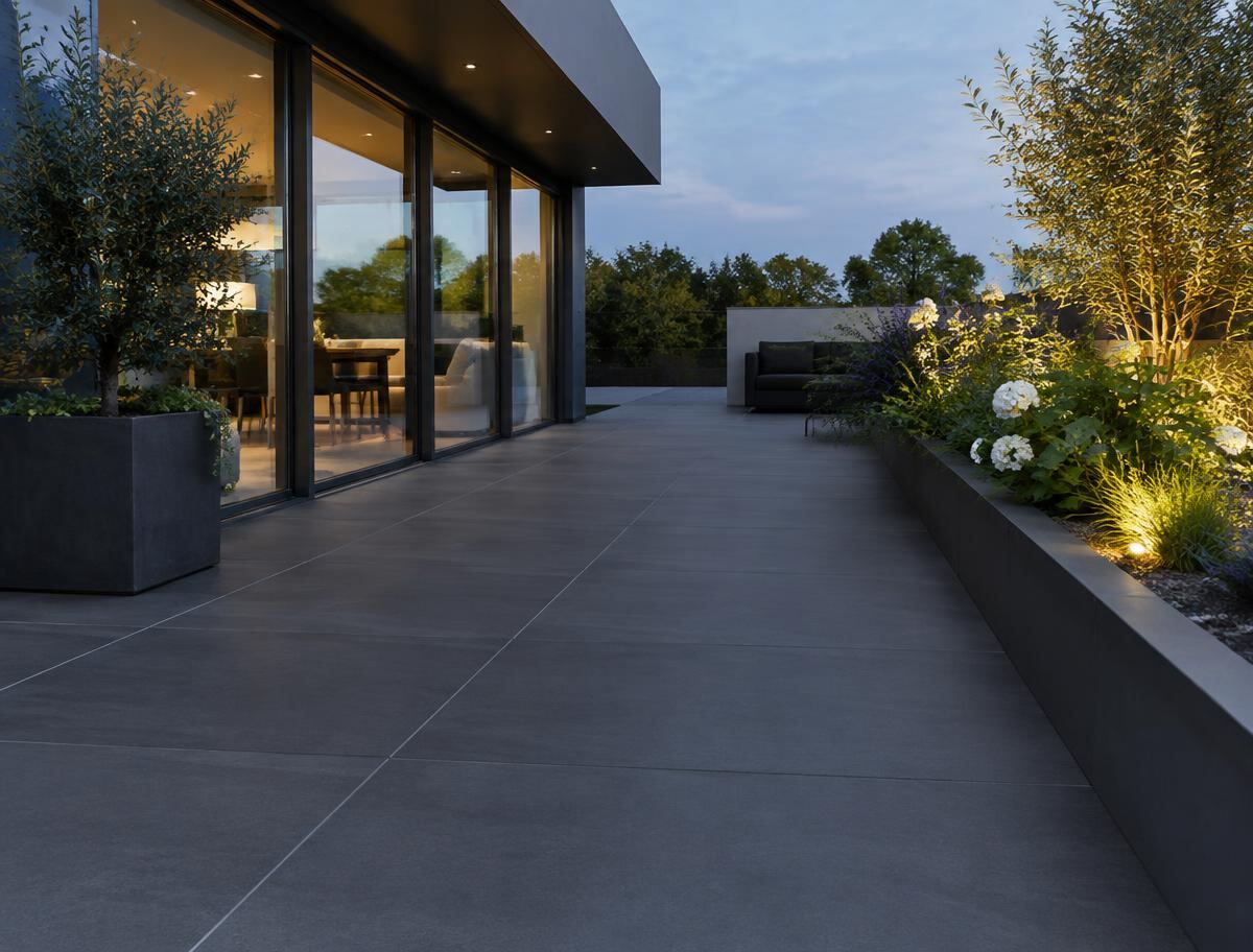 Dark porcelain terrace beside a modern home at dusk