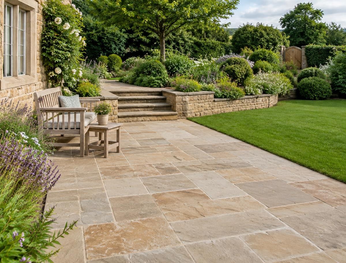 Natural sandstone patio in a British garden